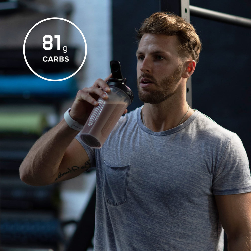Prepared shake in a glass showcasing the double chocolate flavor and smooth finish.