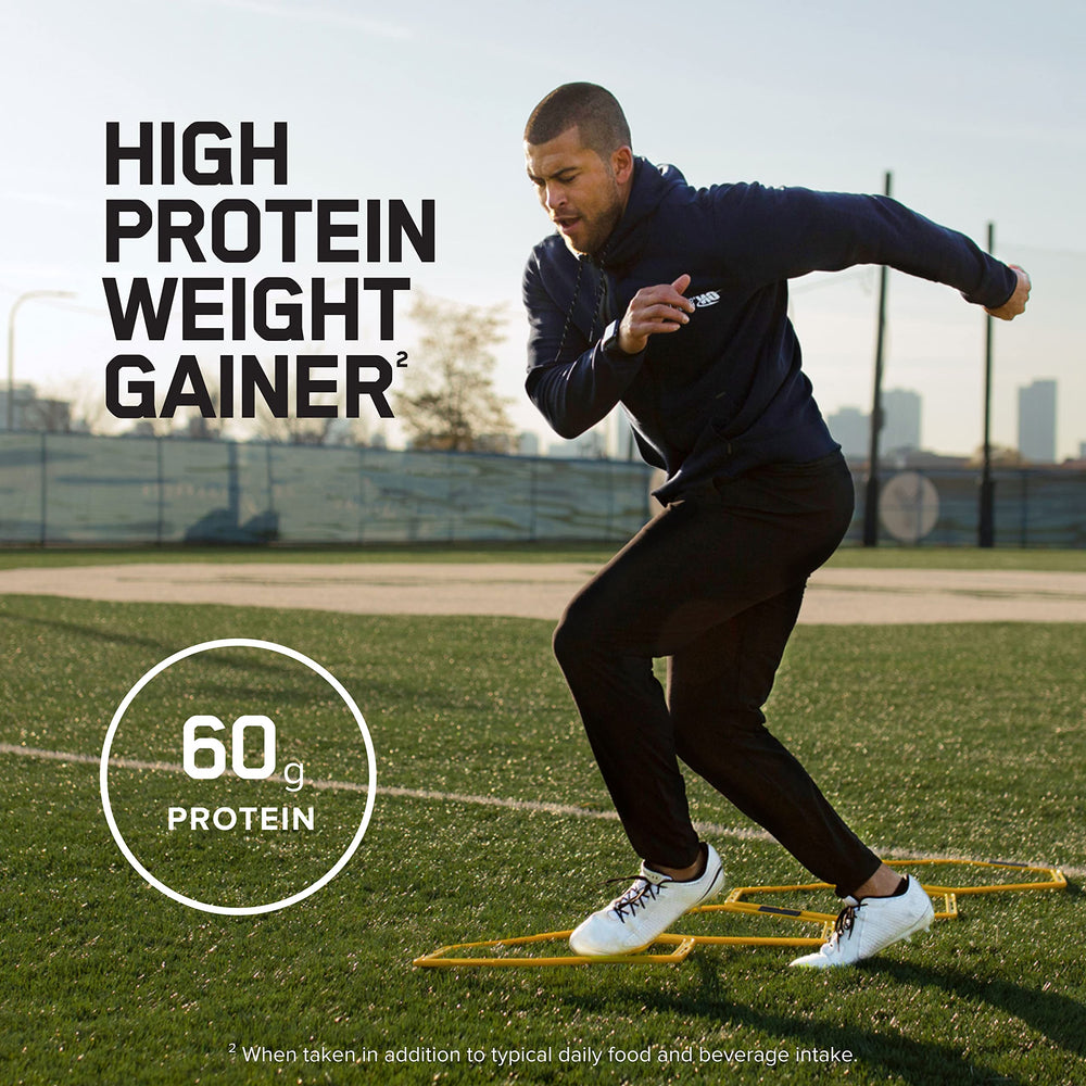 Powder close-up highlights a rich texture of a high-carb, high-protein blend.