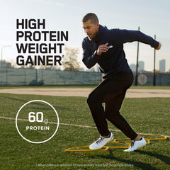 Powder close-up highlights a rich texture of a high-carb, high-protein blend.