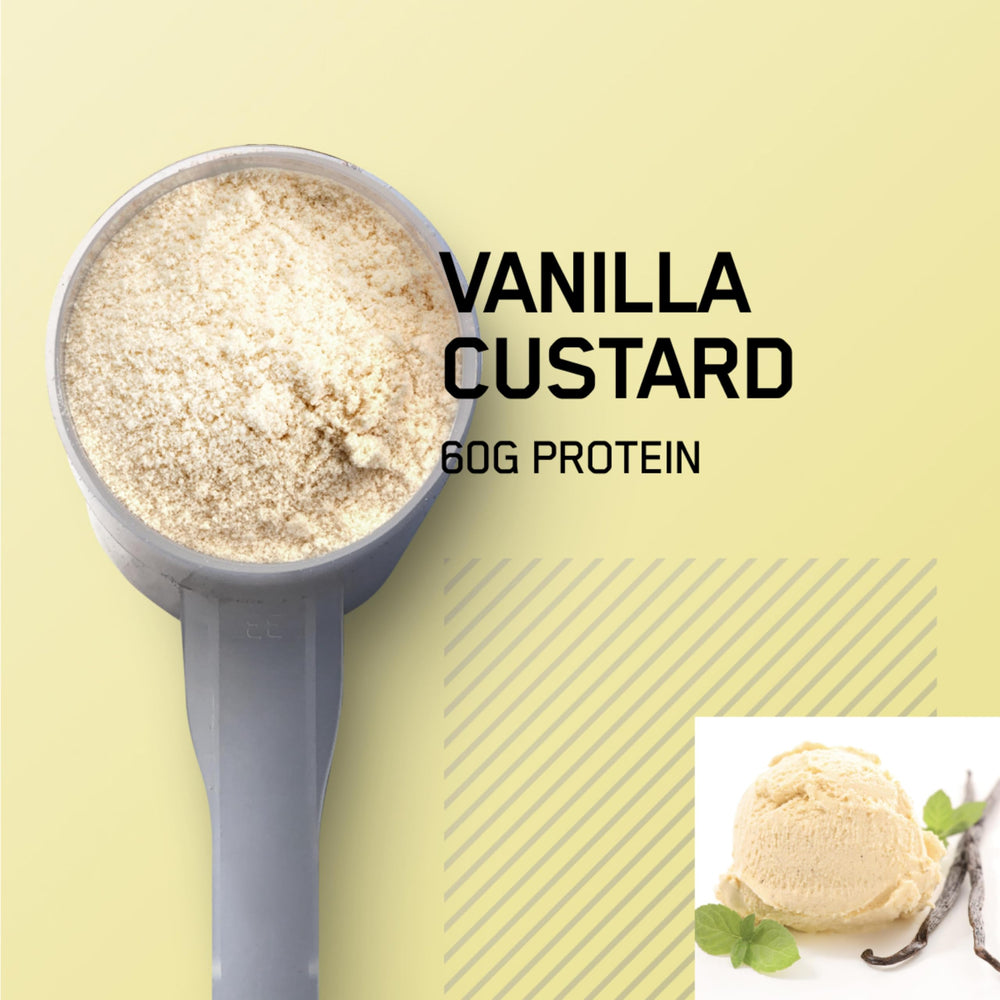 Optimum Nutrition Gold Standard Pro Gainer scoop with Vanilla Custard powder for dosing.
