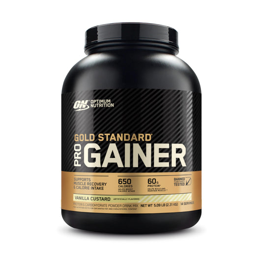 Optimum Nutrition Gold Standard Pro Gainer tub in Vanilla Custard for post-workout fueling.