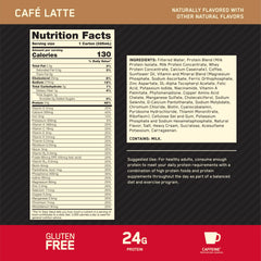 Gold Standard Cafe Latte label highlights 24 g protein and caffeine per serving.