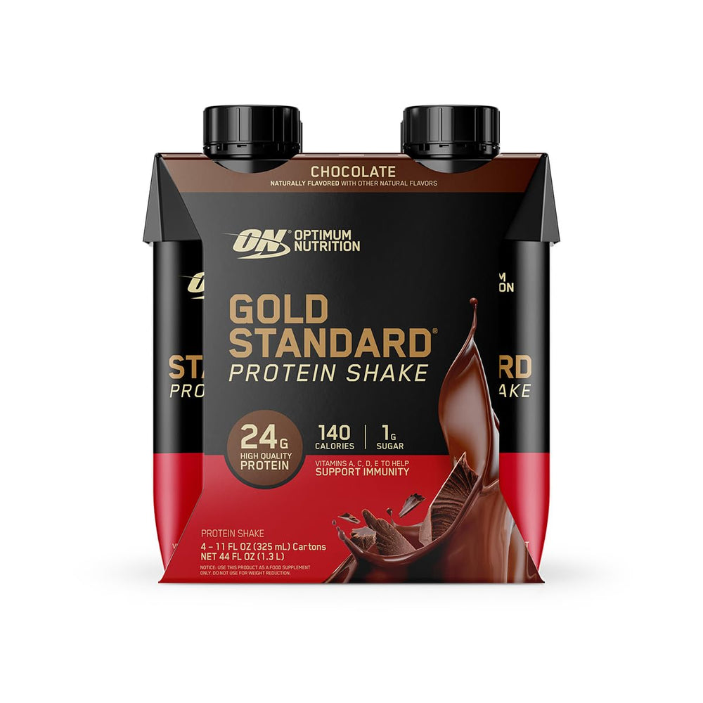 Pouring Gold Standard shake chocolate into a glass, ready-to-drink convenience in action.