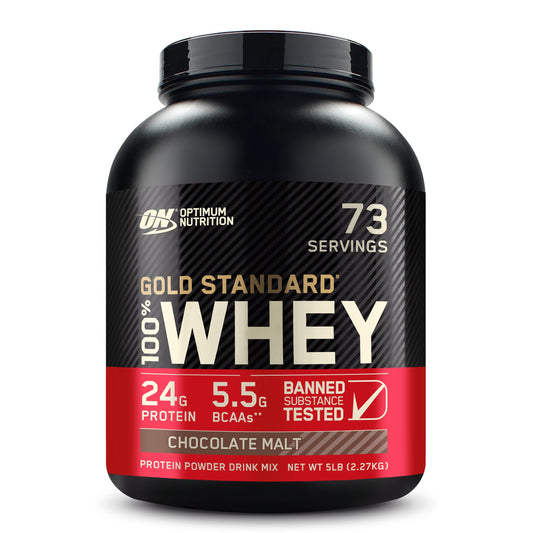 Optimum Nutrition Gold Standard whey front label highlights 24 g protein per scoop for post-workout support.