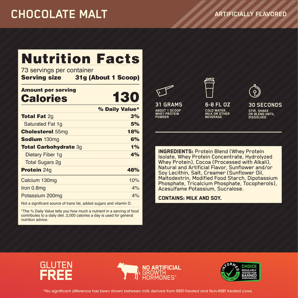 Optimum Nutrition Gold Standard whey chocolate malt post-workout shake image demonstrates easy blending.