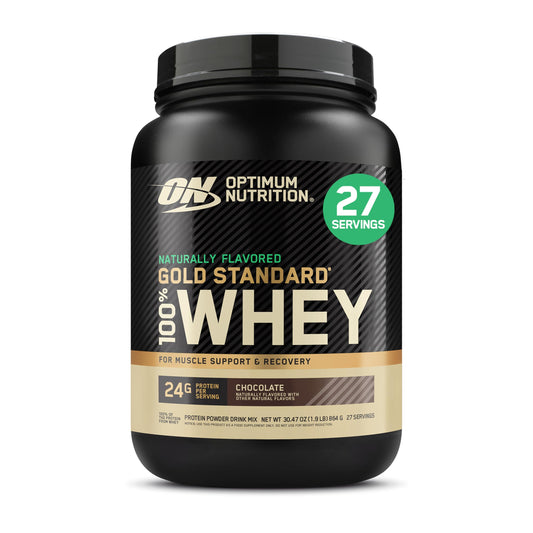 Optimum Nutrition Gold Standard whey chocolate scoop for workout protein boost.