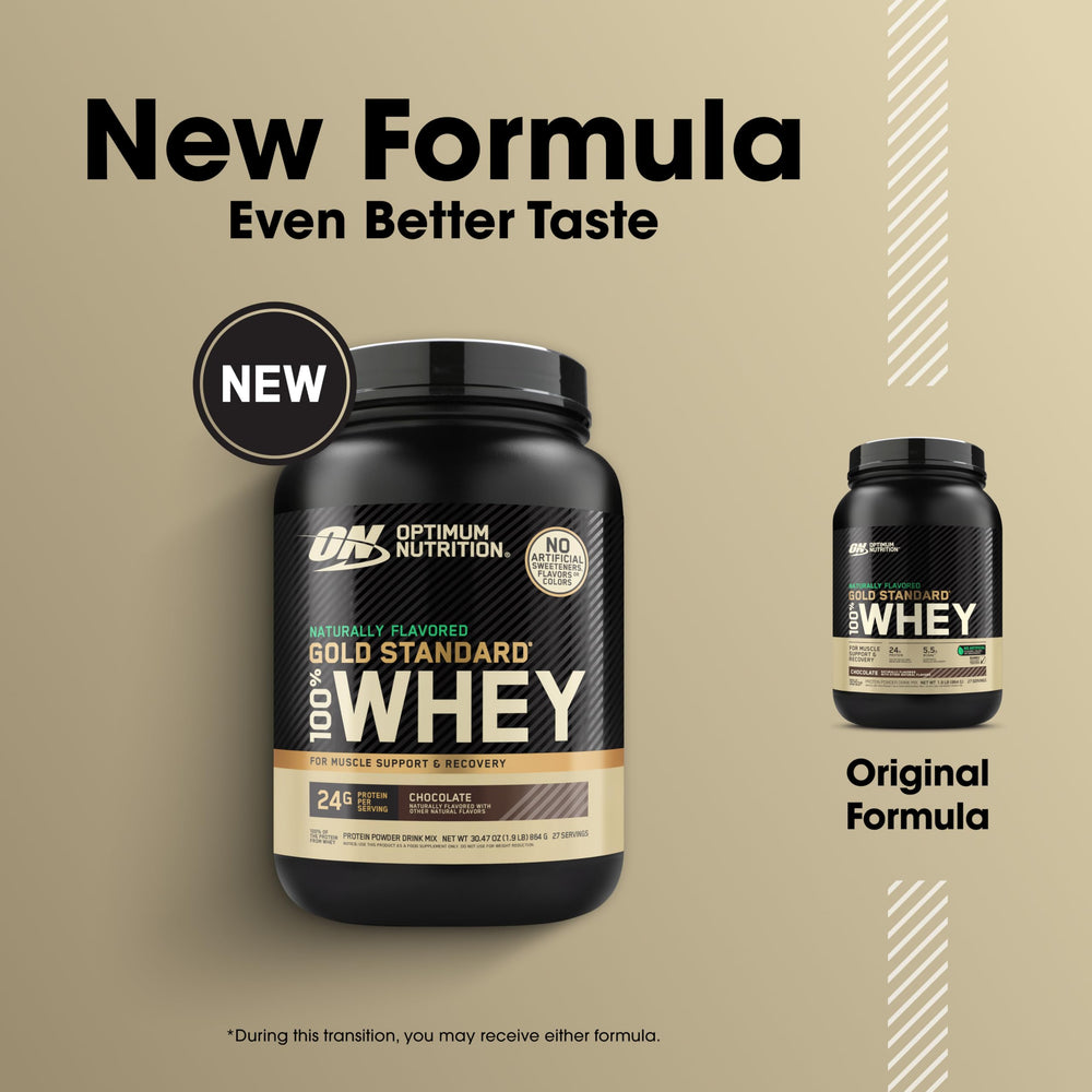 Optimum Nutrition Gold Standard whey chocolate shake poured after training.