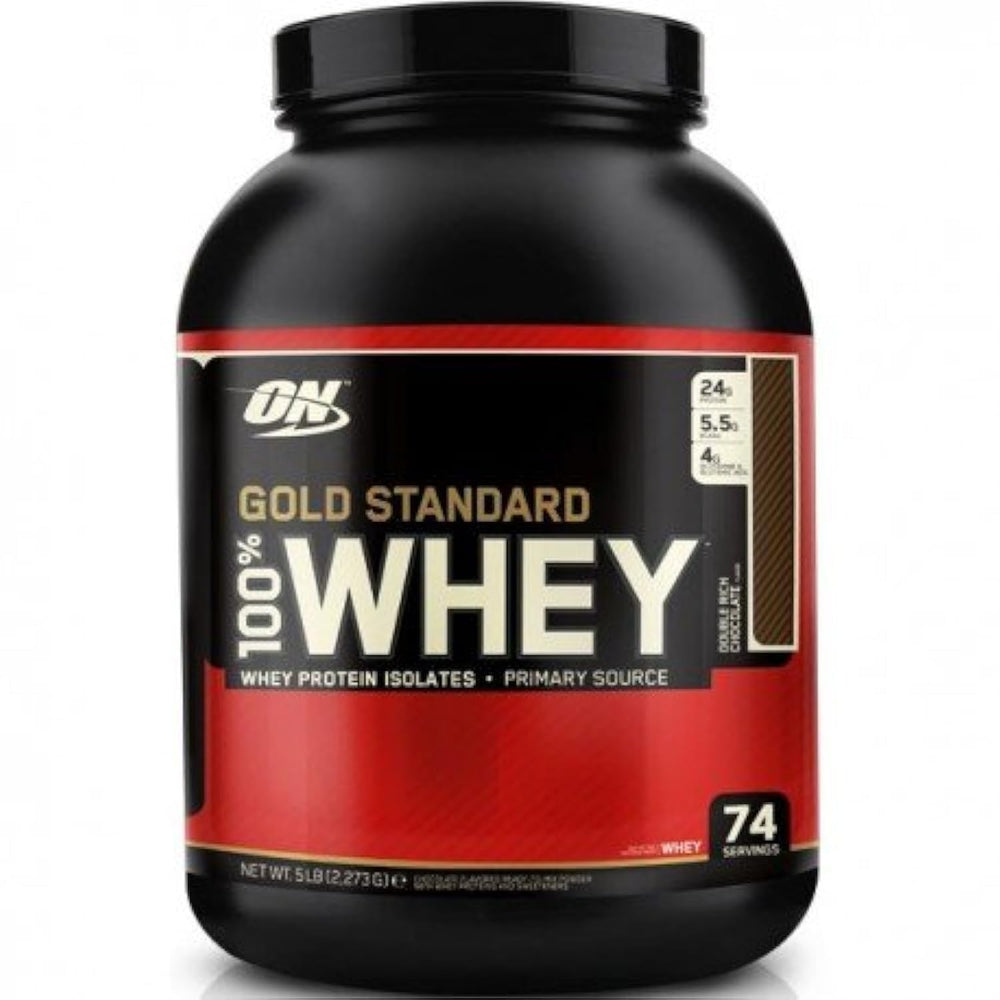 Optimum Nutrition Gold Standard Whey shake in glass, creamy strawberry flavor.