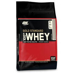 Optimum Nutrition Gold Standard tub showing protein-rich formula.