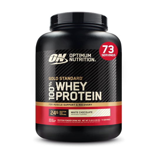 Optimum Nutrition Gold Standard Whey tub front with White Chocolate flavor highlighting 24 g protein per serving for post-workout support