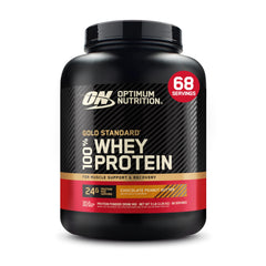 Optimum Nutrition Gold Standard whey tub on counter ready for a workout.