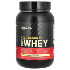 Optimum Nutrition Gold Standard Whey Vanilla Ice Cream tub showing protein content and clean design