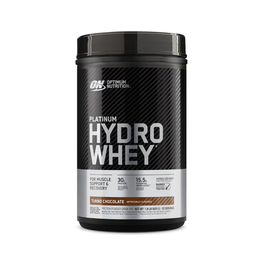Optimum Nutrition Platinum Hydrowhey Turbo Chocolate tub label highlights purity and fast results.