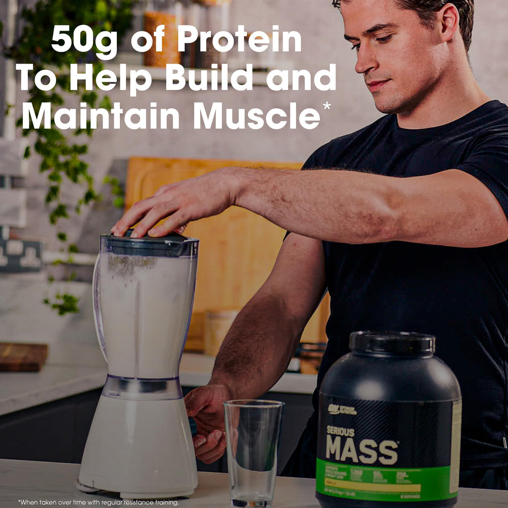 Optimum Nutrition Serious Mass blender bottle ready to mix with fruits.