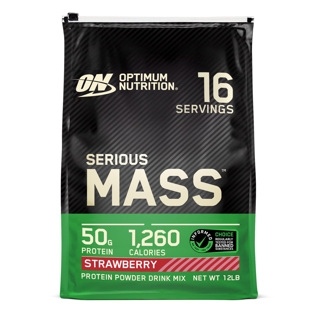 Optimum Nutrition Serious Mass bottle front with emphasis on high-calorie mass gainer for weight gain