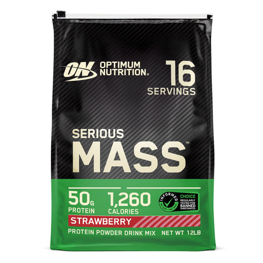 Optimum Nutrition Serious Mass bottle front with emphasis on high-calorie mass gainer for weight gain