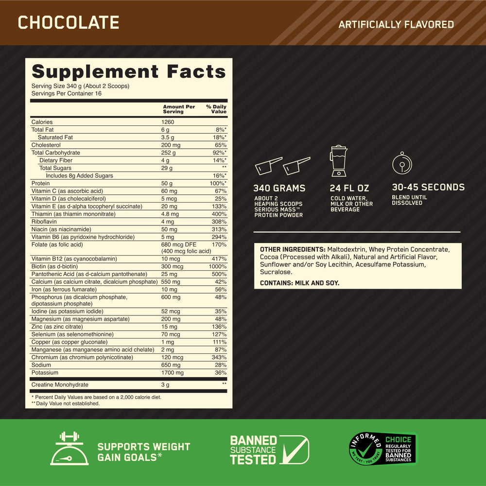 Optimum Nutrition Serious Mass chocolate nutrition label to help plan daily calories