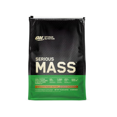Optimum Nutrition Serious Mass chocolate peanut butter powder boosts daily calories for muscle goals.
