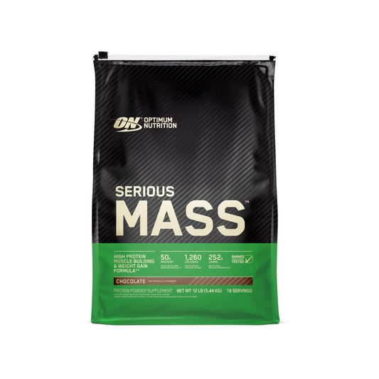 Optimum Nutrition Serious Mass chocolate tub front, highlighting a high-calorie mass gainer for workouts