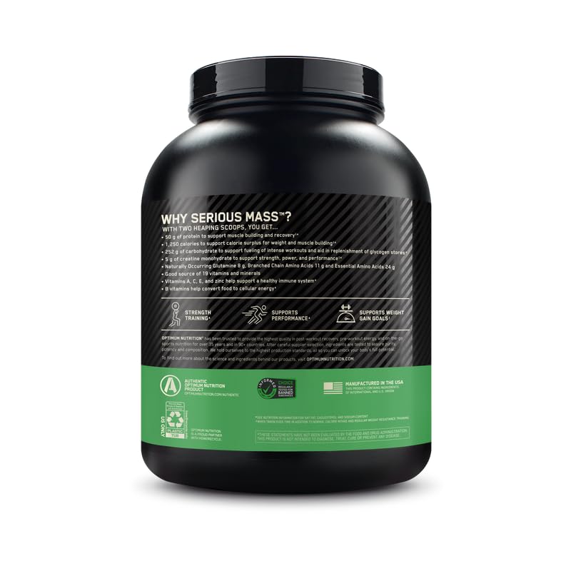 Optimum Nutrition Serious Mass gym scene implies effective mass gain support during workouts.