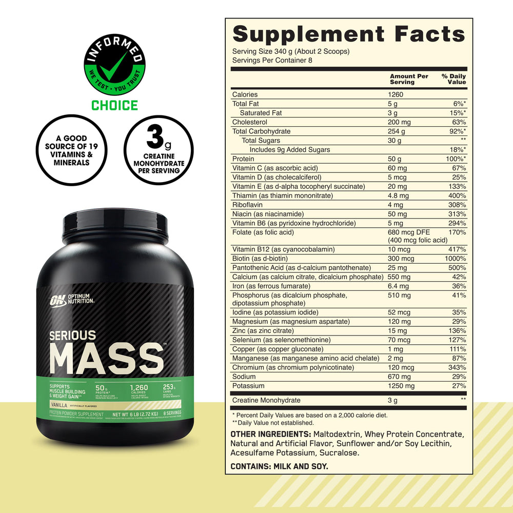 Optimum Nutrition Serious Mass highlighting Vitamin C, Vitamin D, and Zinc for immune support