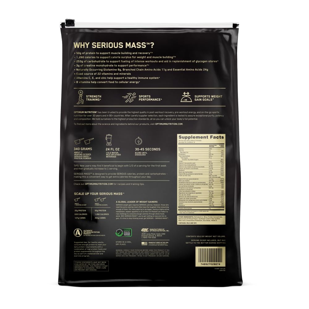 Optimum Nutrition Serious Mass macro label helps track calories and macros