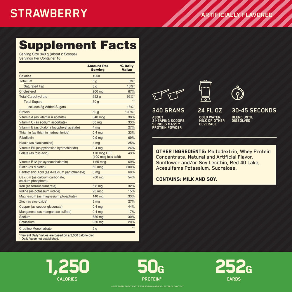 Optimum Nutrition Serious Mass powder being scooped, illustrating easy mixing for shakes