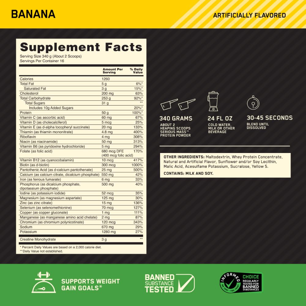 Optimum Nutrition Serious Mass shake in glass features banana flavor for post-workout fuel