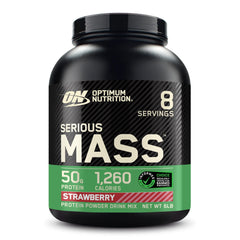 Optimum Nutrition Serious Mass strawberry packaging showing high-calorie weight gain potential.