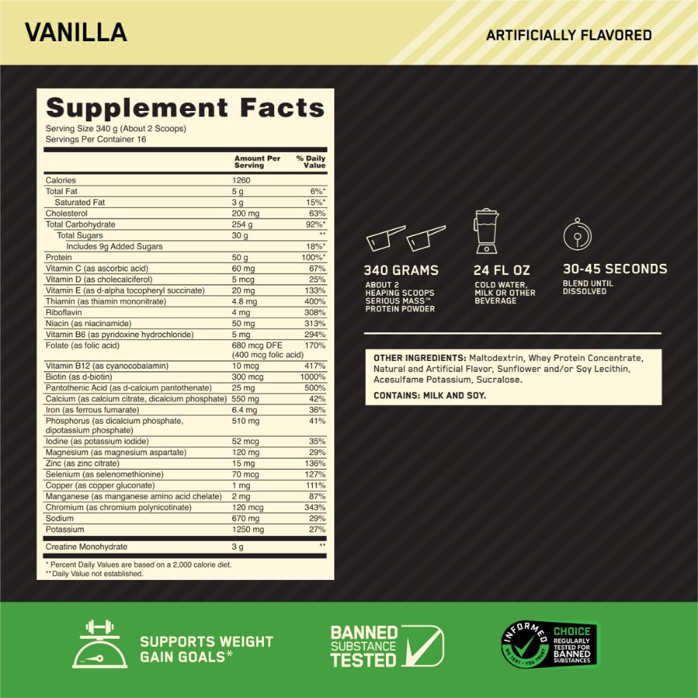 Optimum Nutrition Serious Mass vanilla mix in glass shows creamy texture for post-workout fueling.