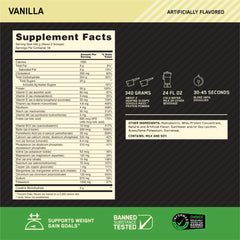 Optimum Nutrition Serious Mass vanilla mix in glass shows creamy texture for post-workout fueling.