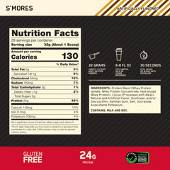 Close-up of Optimum Nutrition S'Mores whey powder being poured into a glass.