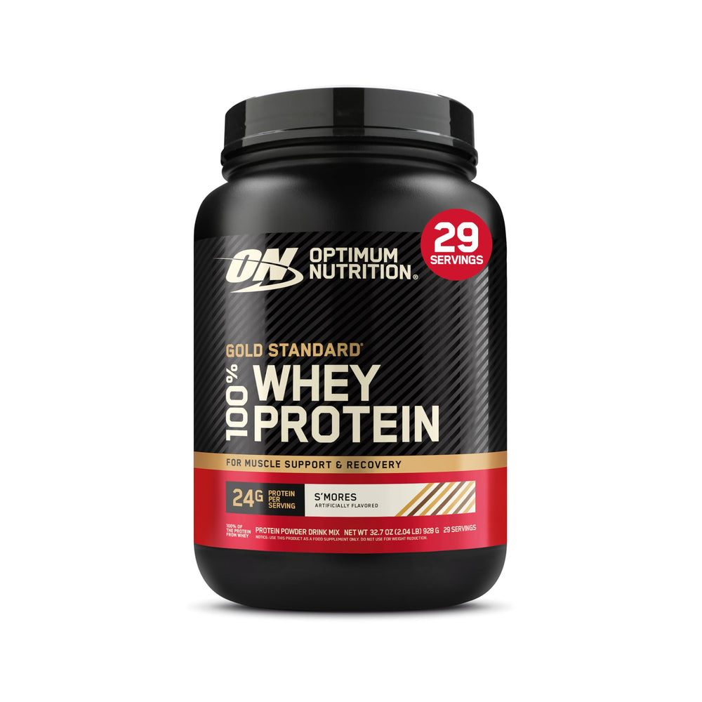 Optimum Nutrition Gold Standard S'Mores whey powder tub ready for quick shakes.