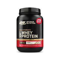 Optimum Nutrition Gold Standard S'Mores whey powder tub ready for quick shakes.