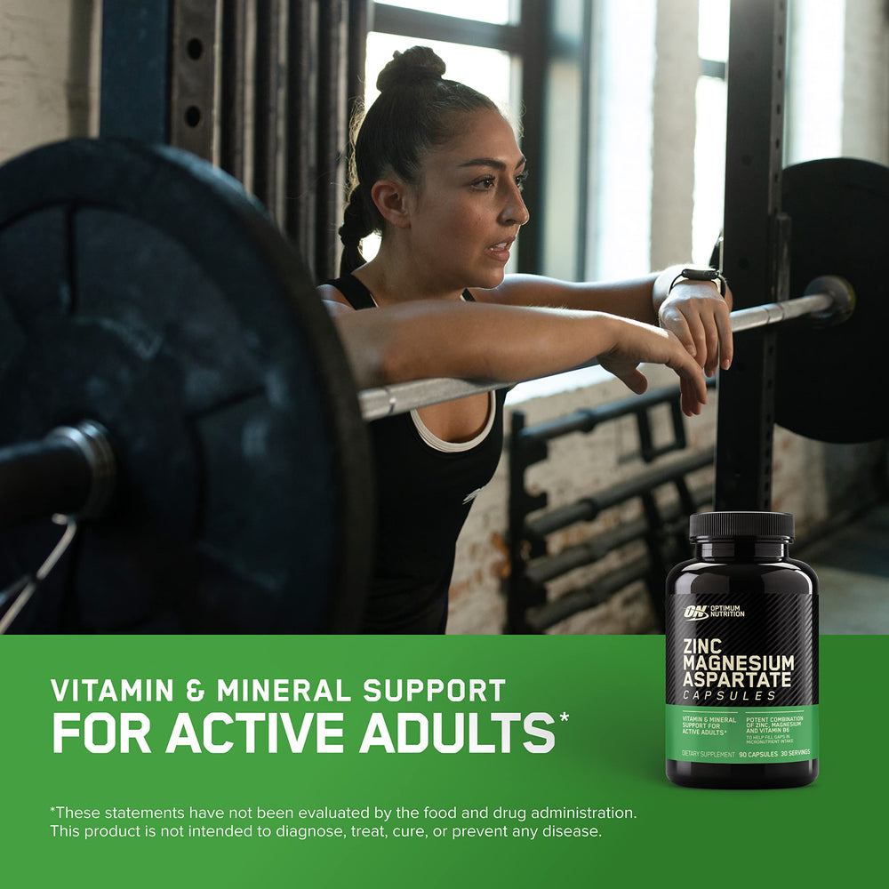 Optimum Nutrition Zinc Magnesium Aspartate bottle on shelf showing daily micronutrient support.