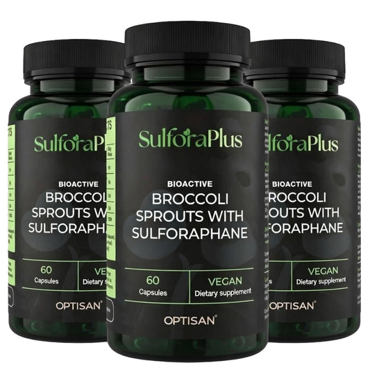 Optisan SulforaPlus bottle label showing 100% organic sprouts for daily immune support.