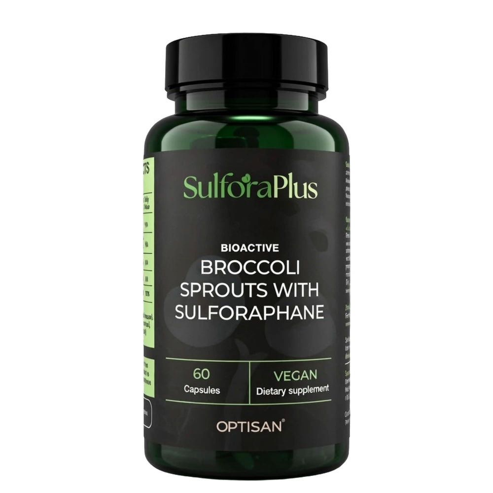 Optisan SulforaPlus bottle label shows whole sprouts and clean ingredients.