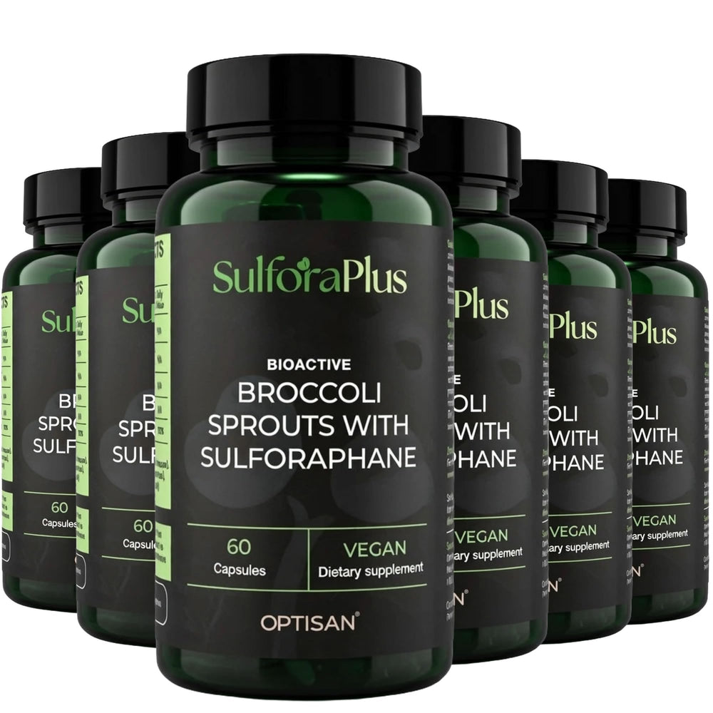 Optisan SulforaPlus bottle pours capsules for daily immune support.