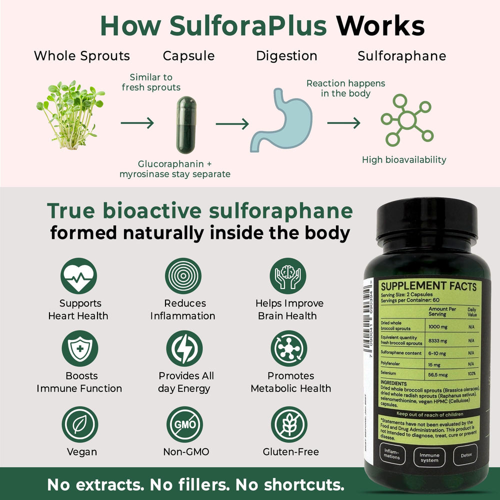 Optisan SulforaPlus capsules reveal sprouts inside, highlighting enzymes and bioavailability.