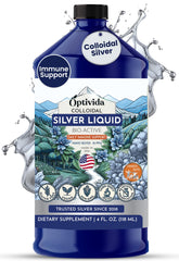 Optivida colloidal silver liquid bottle close-up shows pure nano particles for daily wellness