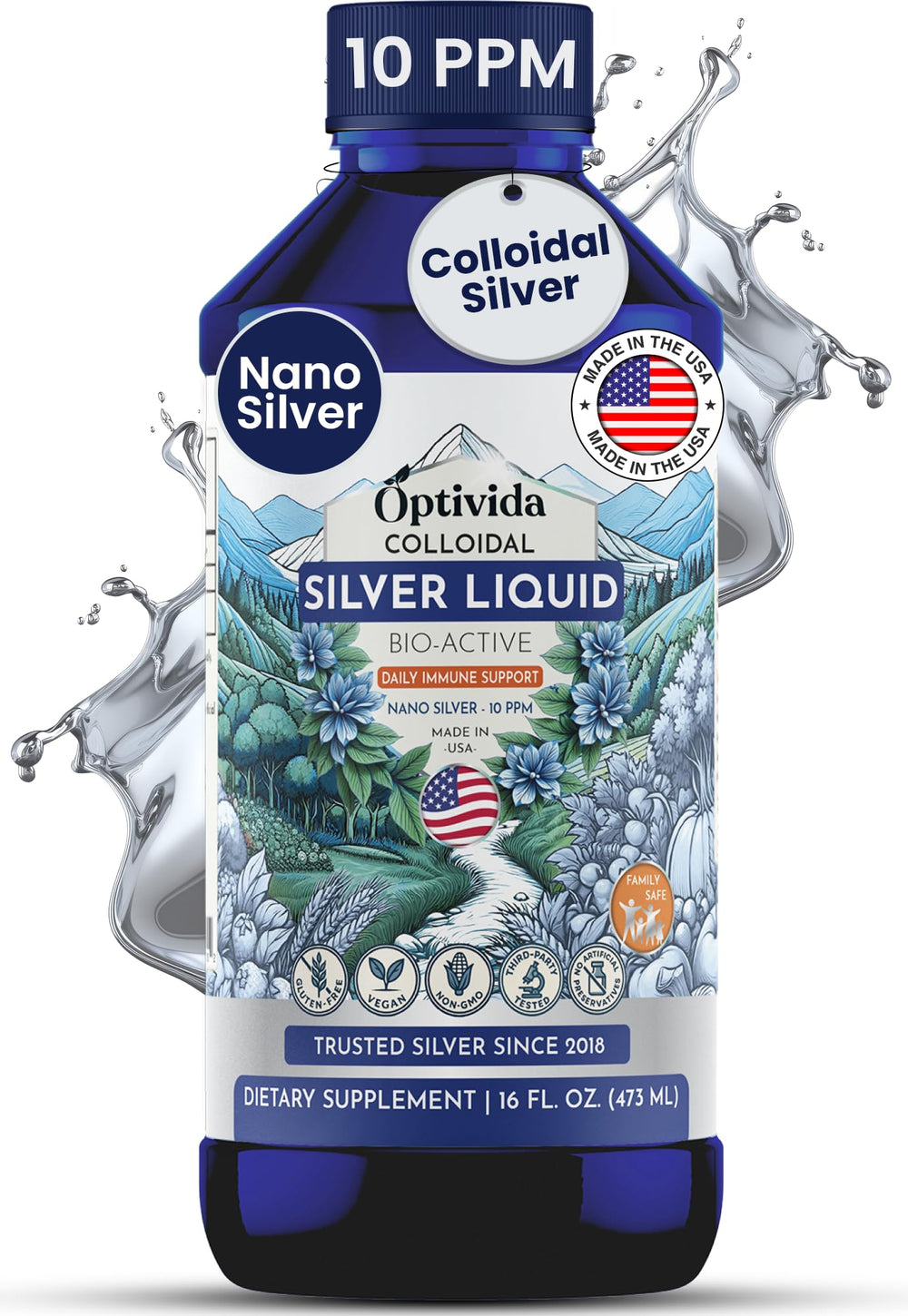 Optivida Colloidal Silver Liquid bottle front view for daily use