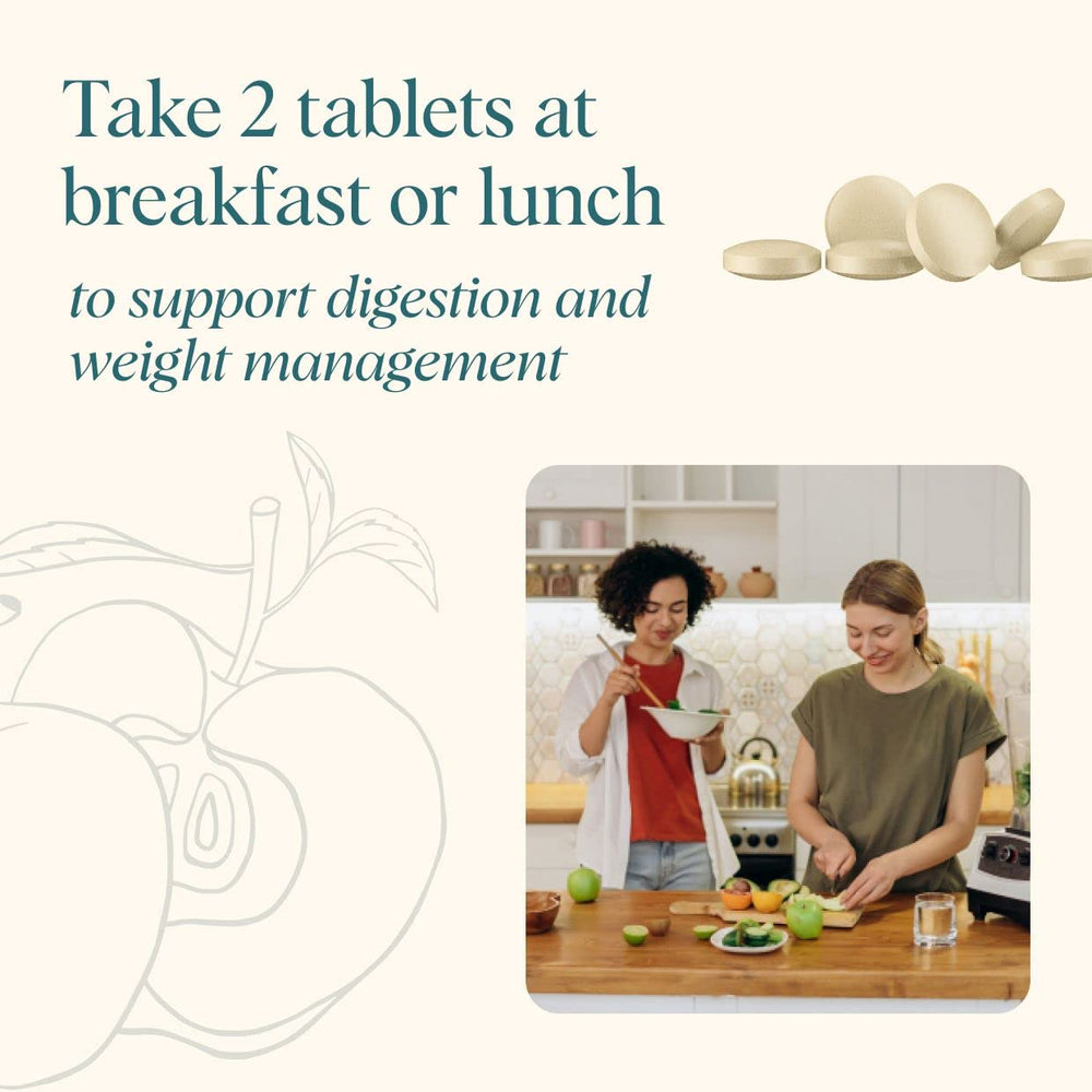 Ora Organic ACV pills apple-flavor tablets ready to take with meals.