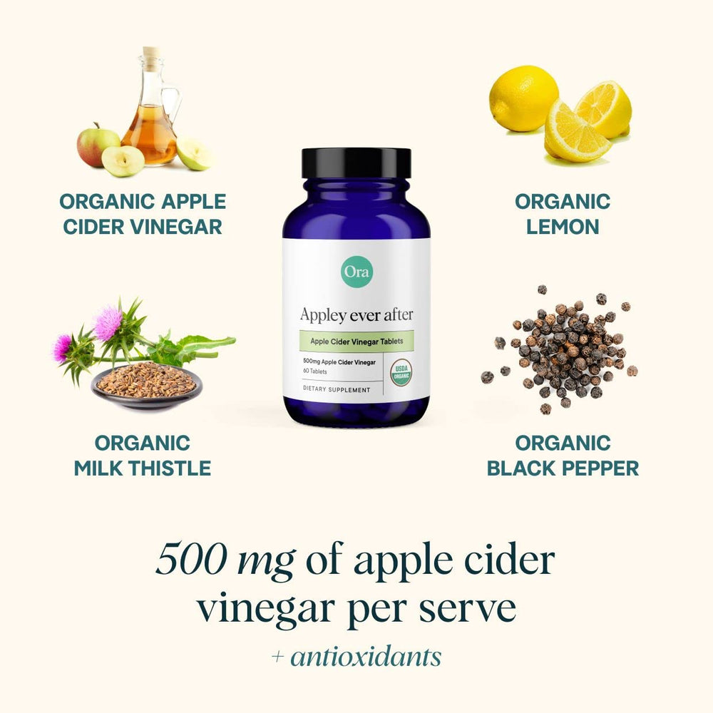 Ora Organic ACV pills capsules closeup with apple flavor for a tasty supplement option.