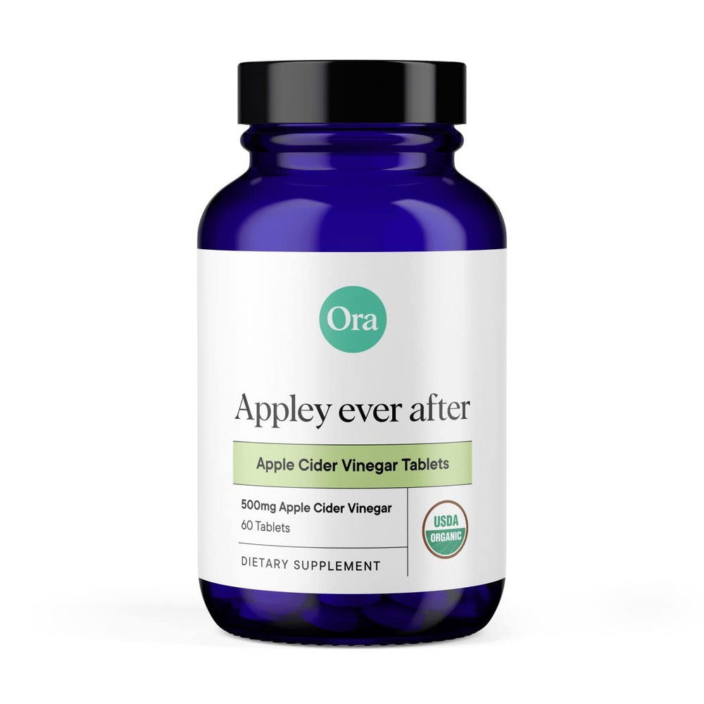 Ora Organic ACV pills packaging shot highlighting 60 vegan tablets for daily detox support.