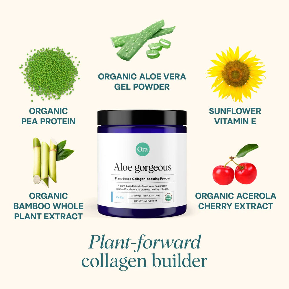 Ora Organic Aloe Gorgeous scoop in smoothie for convenient daily collagen support.