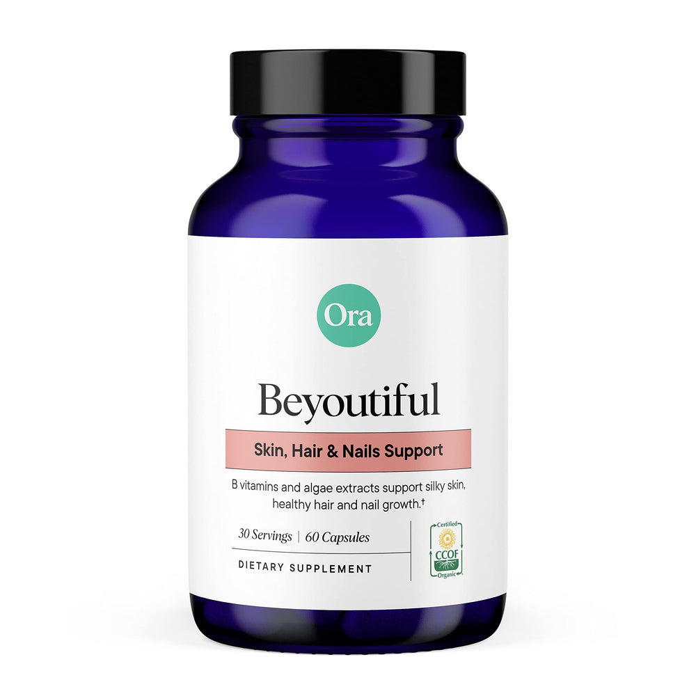 Ora Organic Beyoutiful capsules visual, vegan beauty supplement for hair, skin, and nails.