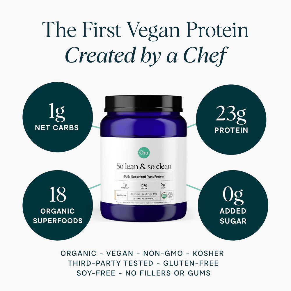 Ora Organic plant-based protein blend with scoop and glass of smoothie