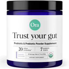Ora Organic prebiotic probiotic powder bottle with synbiotic blend for digestive support.