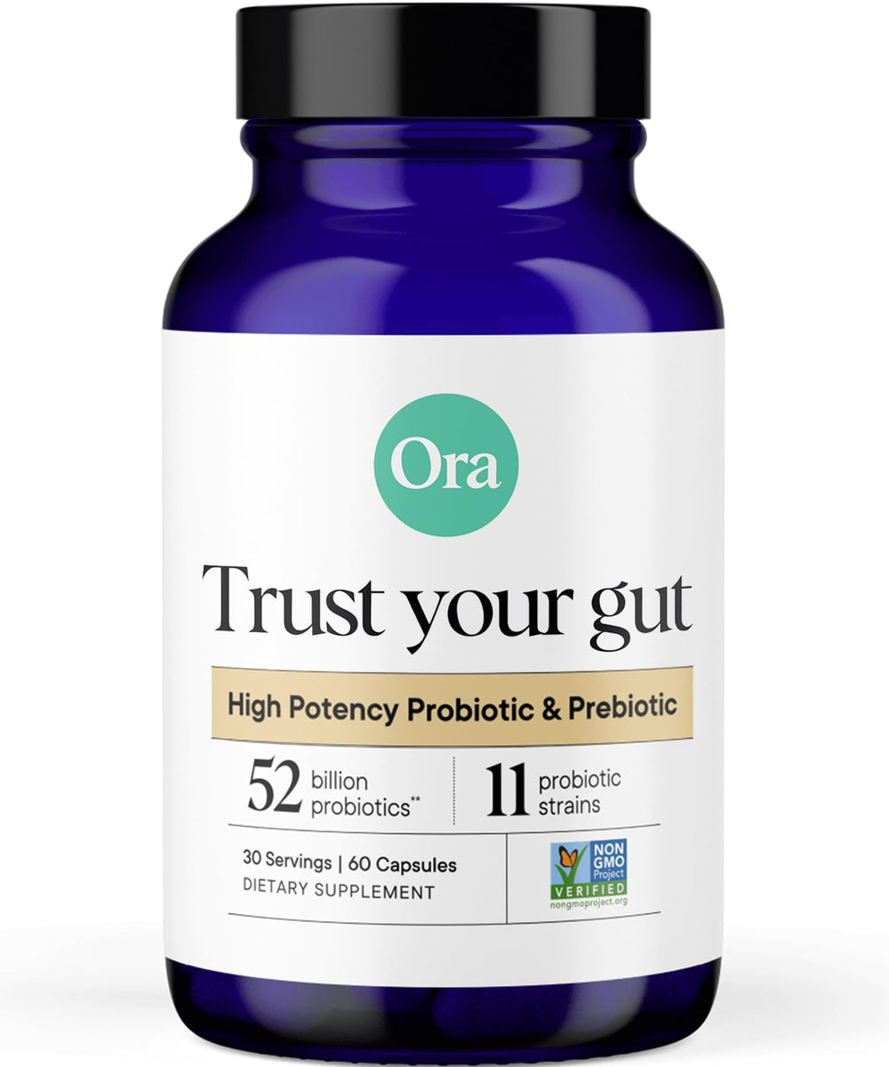 Ora Organic Probiotics bottle front shows 52B CFU and 11 strains for digestive support.