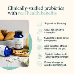 Ora Organic Probiotics capsules closeup highlights acid-resistant delivery for gut health.